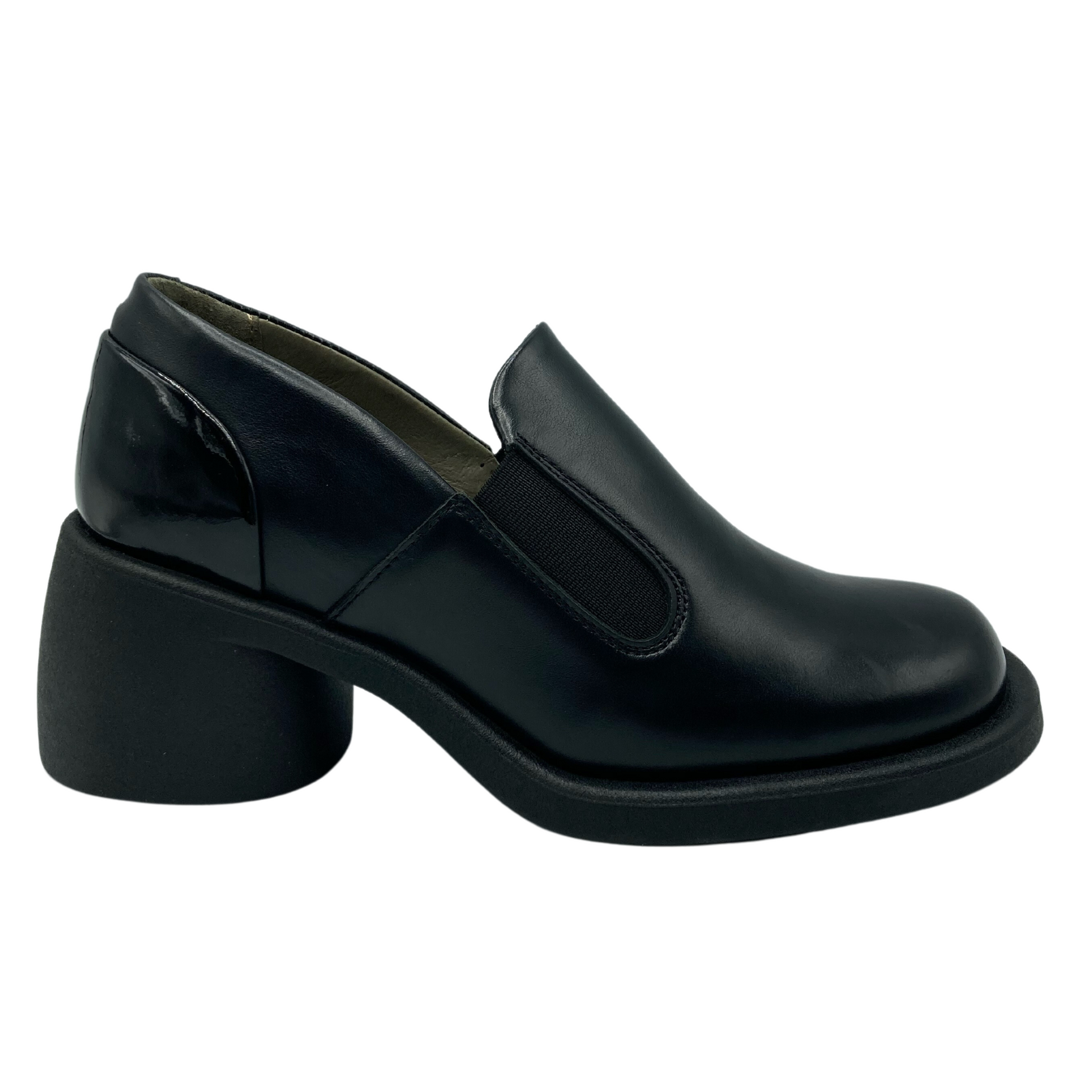 Right facing view of black leather loafer with elastic gore and black sole