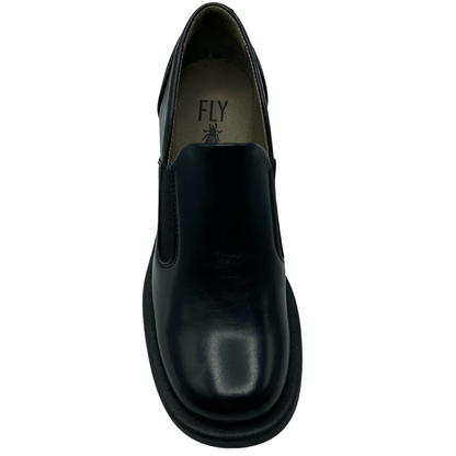 Top view of black leather loafer with elastic side gore and black sole