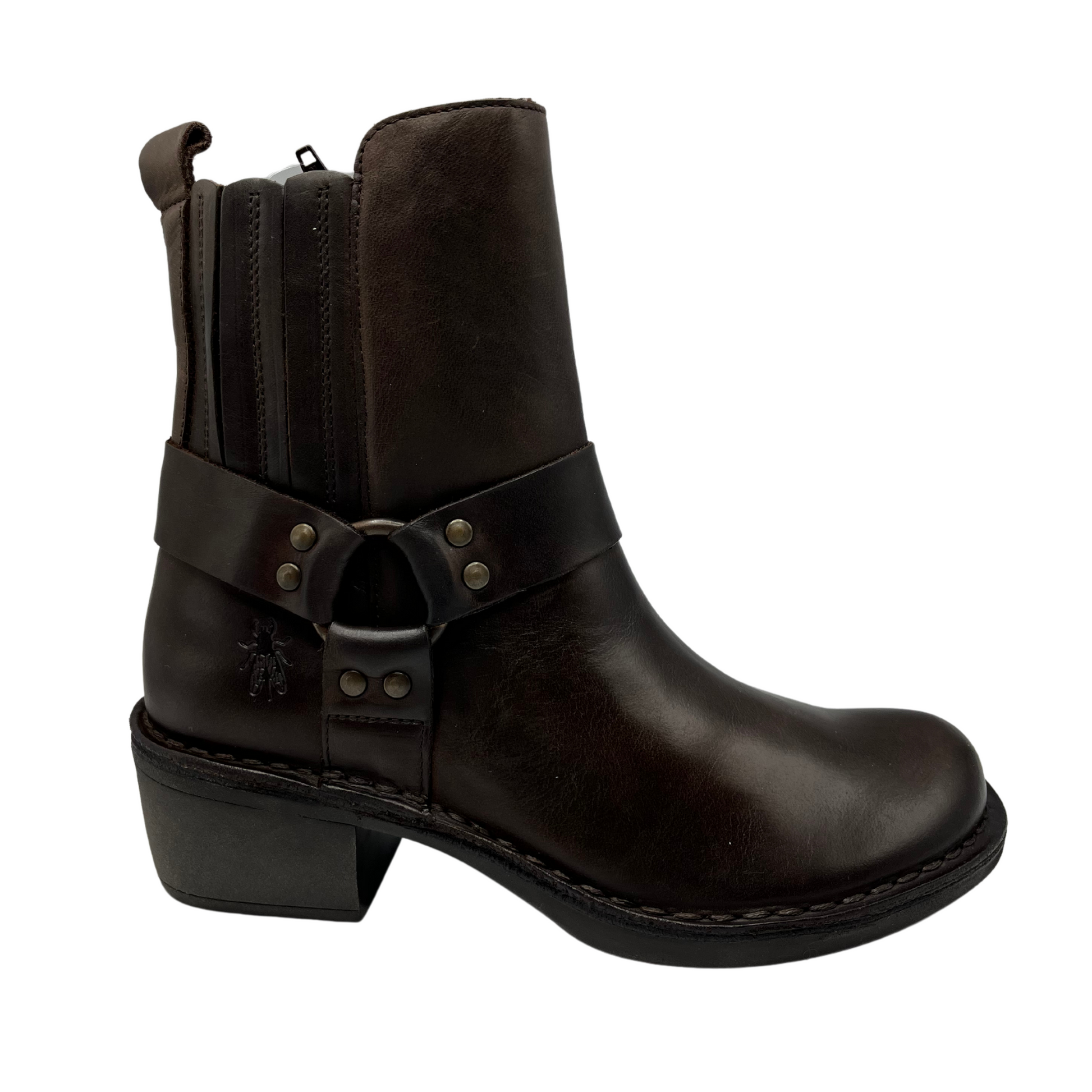 Right facing view of brown leather motorcycle boot with side zipper and block heel.
