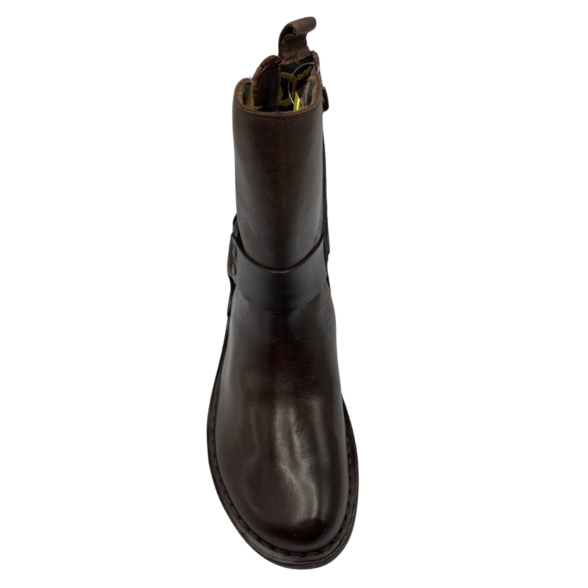 Top view of brown leather motorcycle boot with side zipper and block heel.