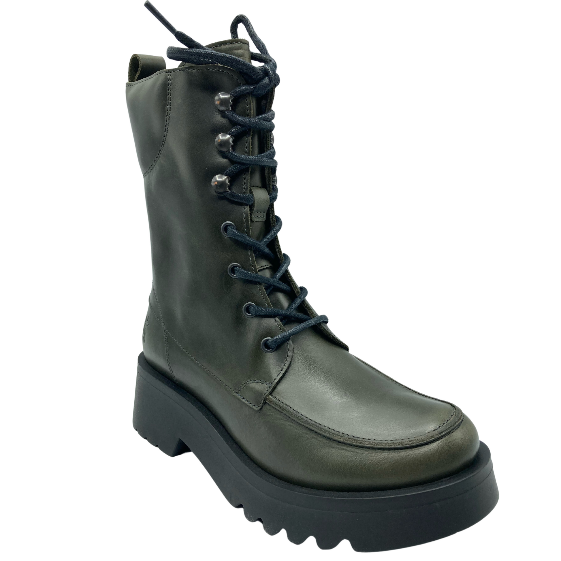 45 degree angled view of dark green leather, over-the-ankle boot with laces and rubber sole