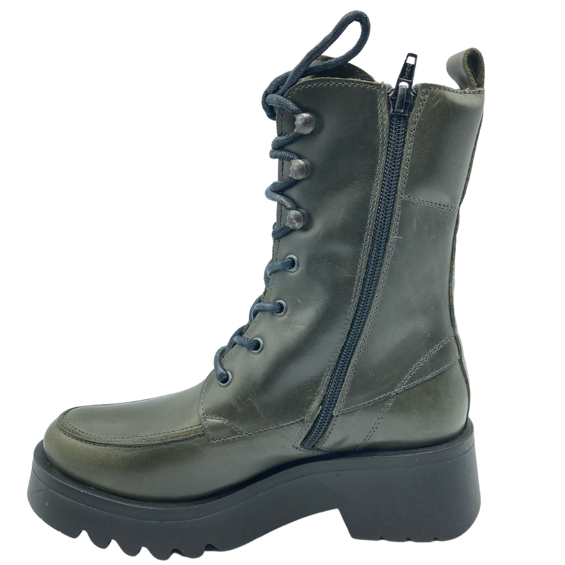 Left facing view of calf height green leather boot with black zipper. Black rubber sole with platform and chunky heel.