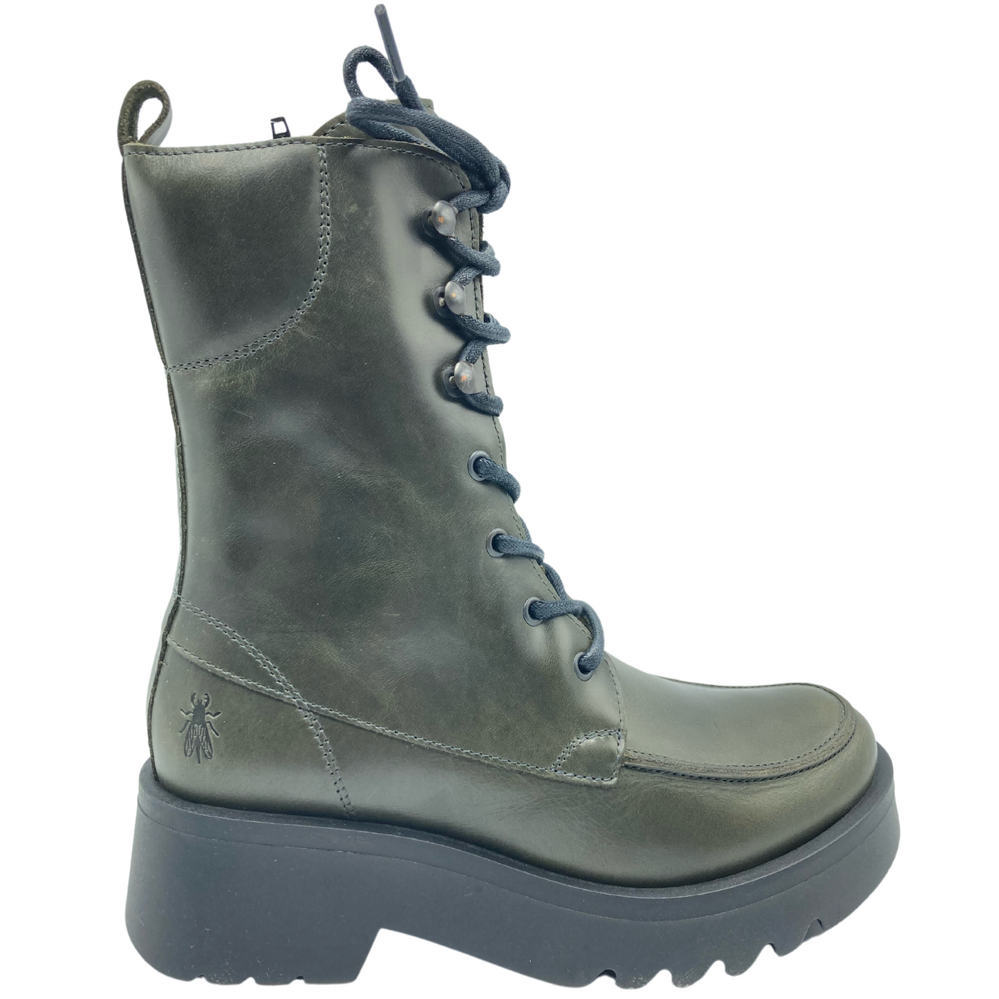 Right facing view of calf height green leather boot with black laces and black rubber sole.