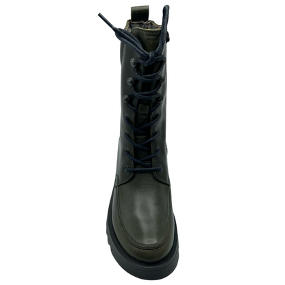 Top view of calf height green leather boot with black laces and rounded toe