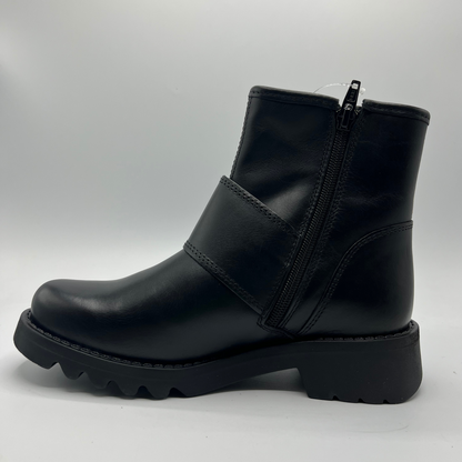 Black leather boot with a chunky sole on a white background