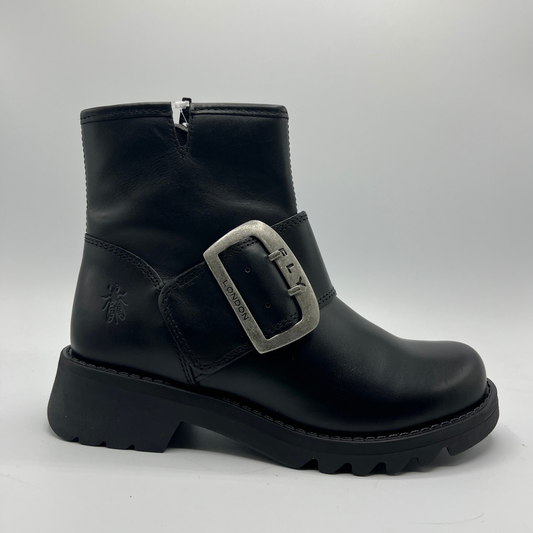 Black boot with a silver buckle on a light gray background