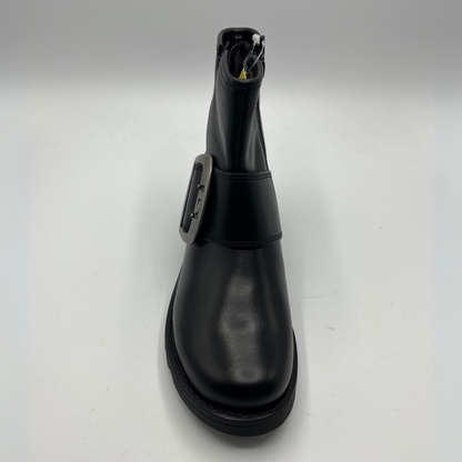 Black rain boot with a strap on a white background