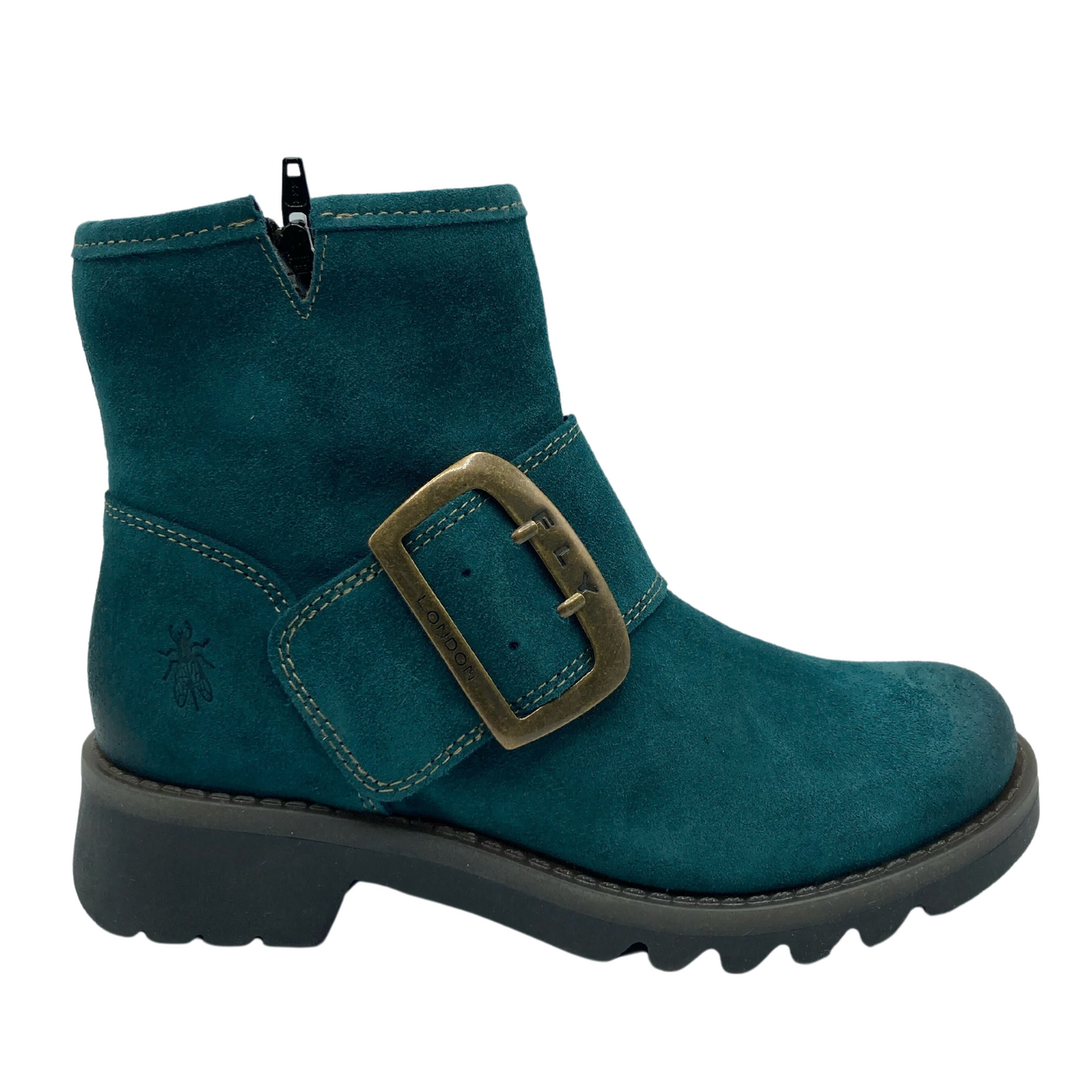 Right facing short boot with grey rubber sole and dark cyan suede upper.