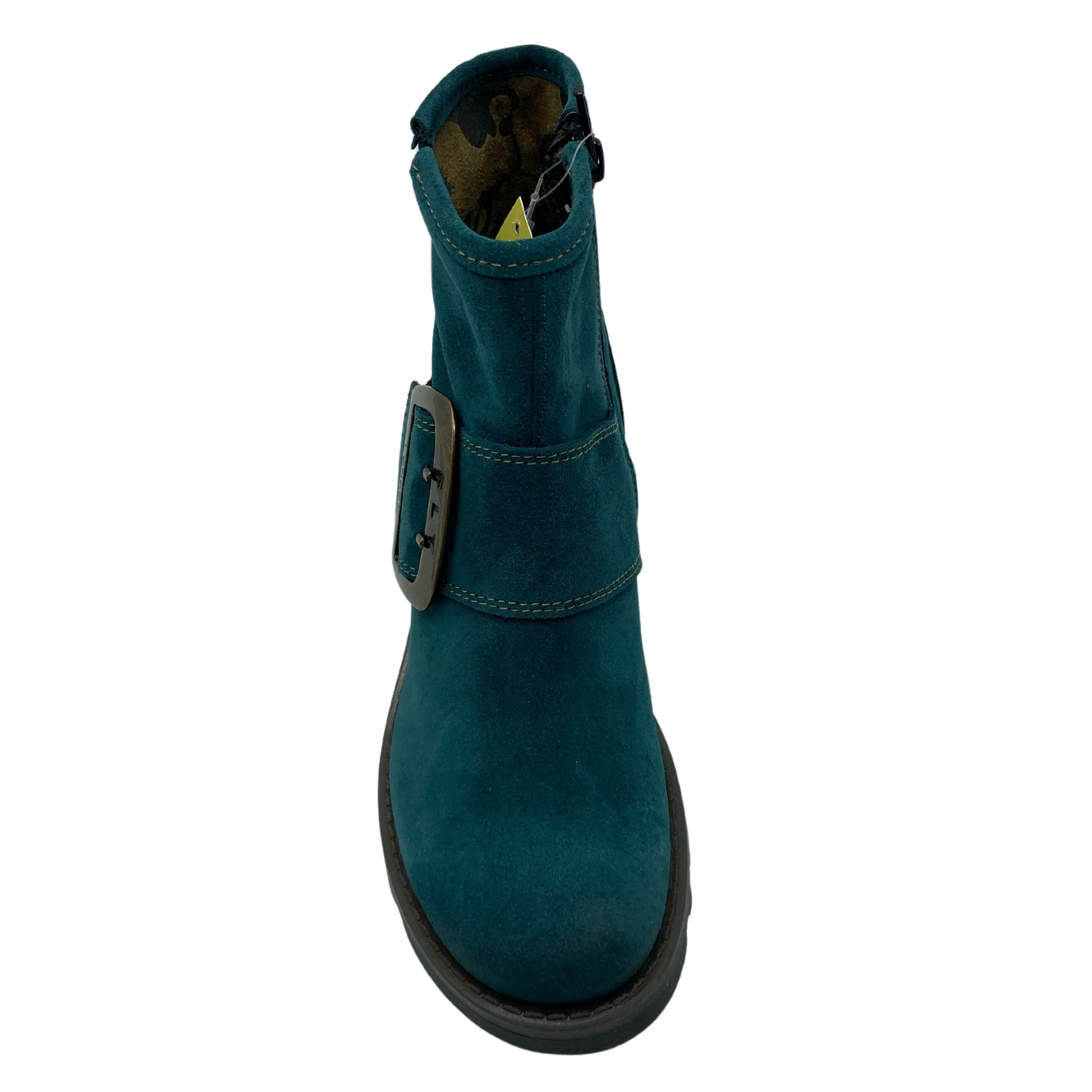 Top view of rounded toe suede boot with large buckle detail