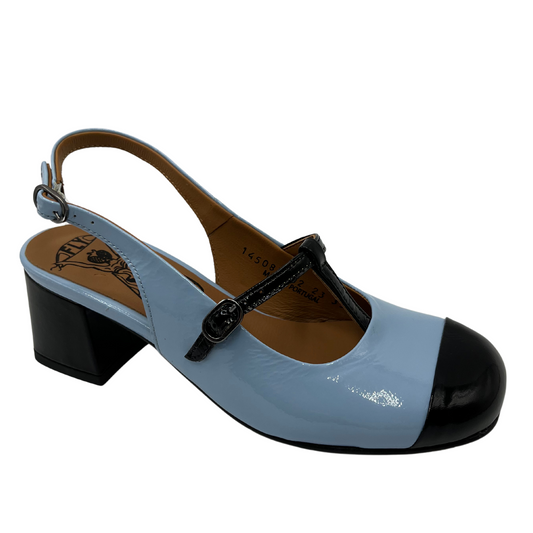 45 degree angled view of sky blue patent leather sandal with closed rounded toe, t-strap and block heel