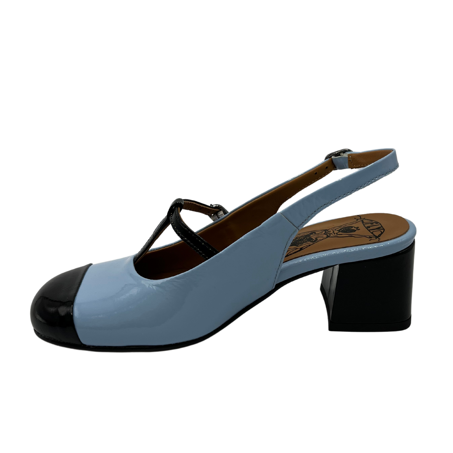 Left facing view of sky blue patent leather sandal with slingback strap and block heel