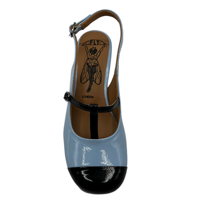 Top view of sky blue patent leather sandal with rounded toe and slingback strap