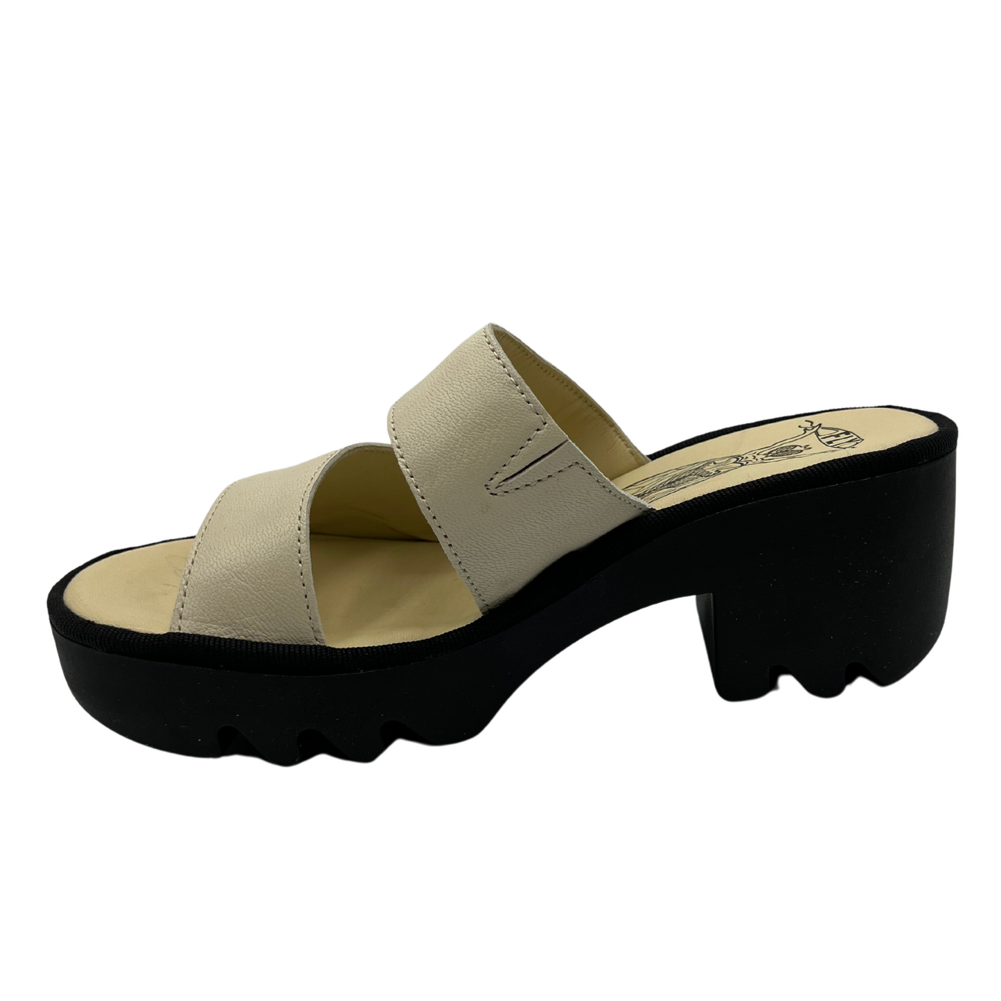Left facing view of off white leather sandal with chunky black rubber outsole