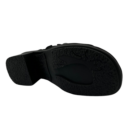 Bottom view of black leather sandal with short block heel