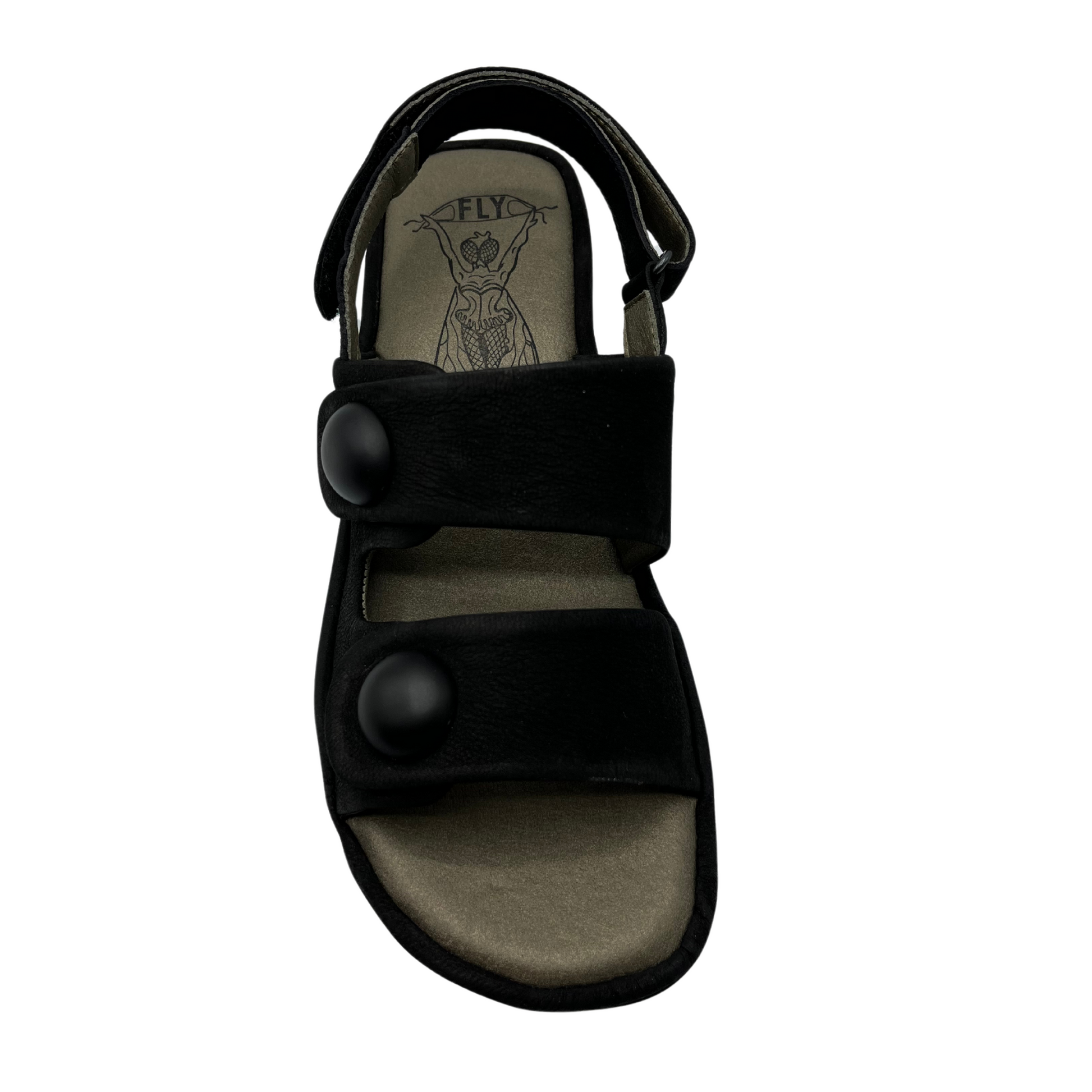 Top facing view of black leather sandal with block heel, velcro slingback strap and double straps with large buttons