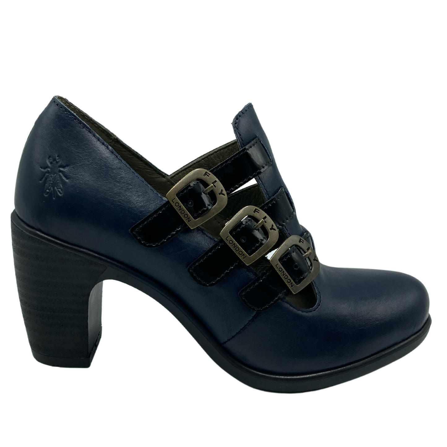 Right facing view of navy leather shoes with black 3 inch heel, 3 black straps with buckles