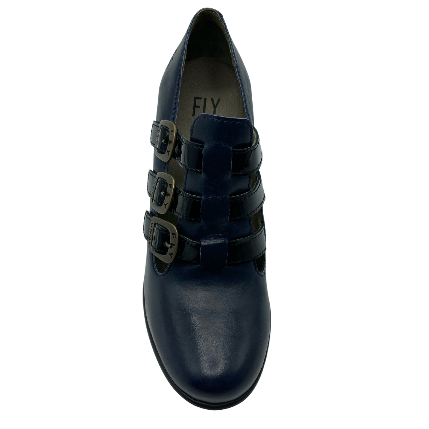 Top view of rounded toe leather shoe with 3 strap detail.
