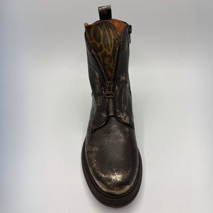 Front  view of a weather look leather boot with a leopard print tongue