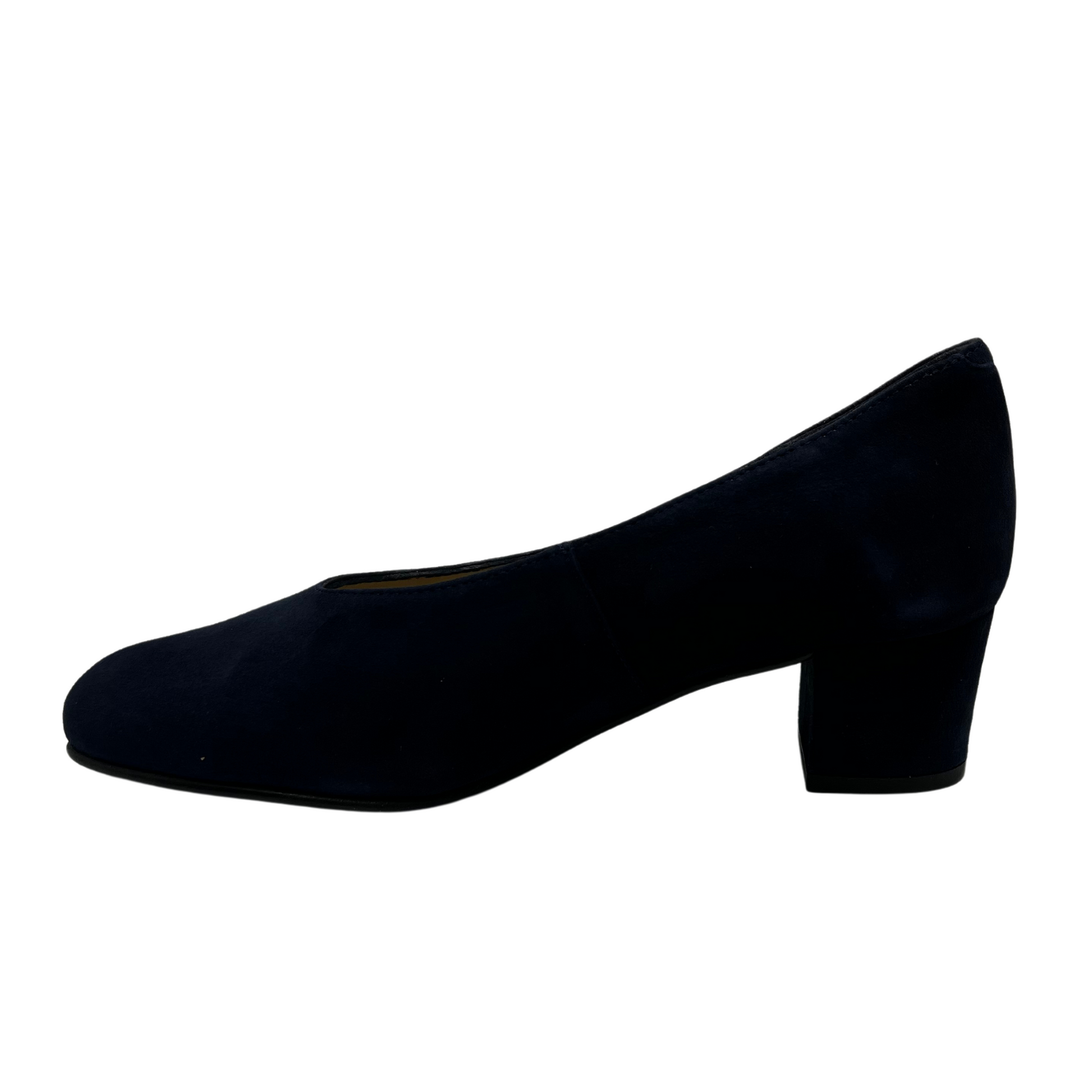 Left facing view of navy suede pump with a block heel and rounded toe