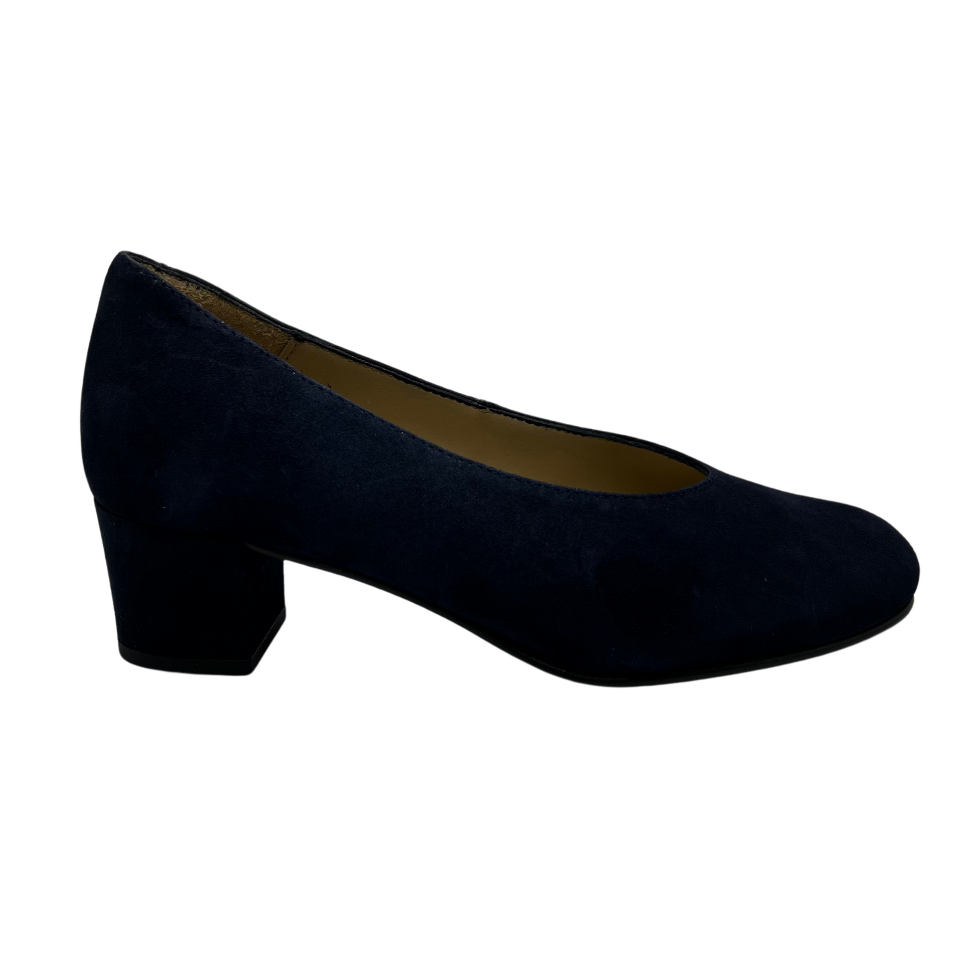 Right facing view of navy suede pump with a block heel and rounded toe