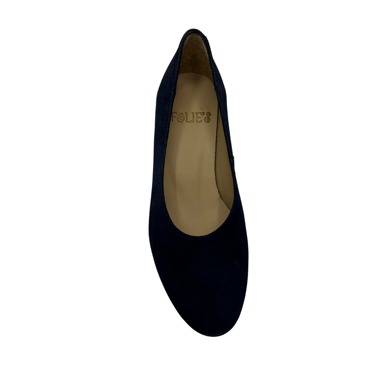 Top view of navy suede pump with a block heel and rounded toe