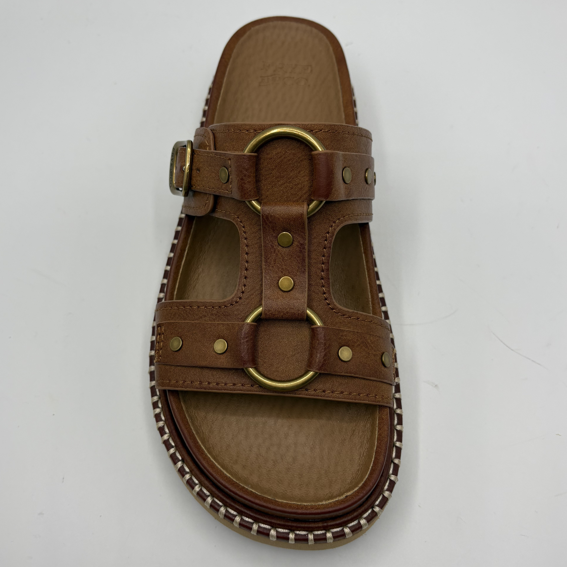 Brown sandal with gold buckle on a white background