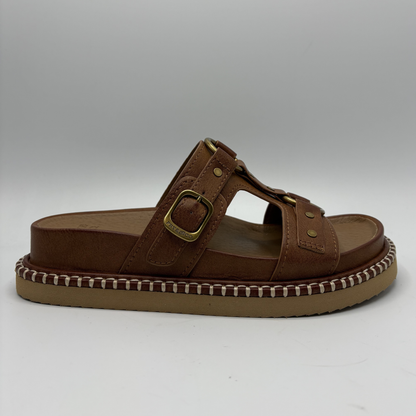 Brown sandal with a strap and buckle on a white background