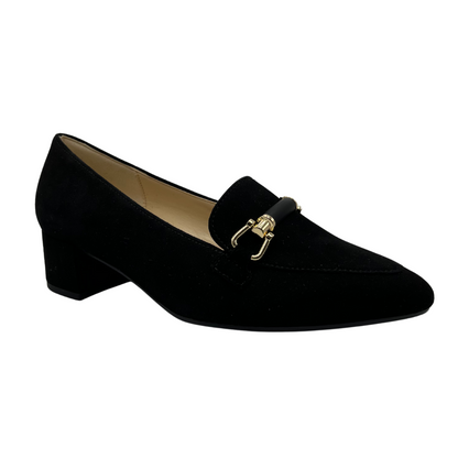 45 degree angled view of black suede heeled shoe with gold and black detail on upper. Pointed toe and wrapped heel.