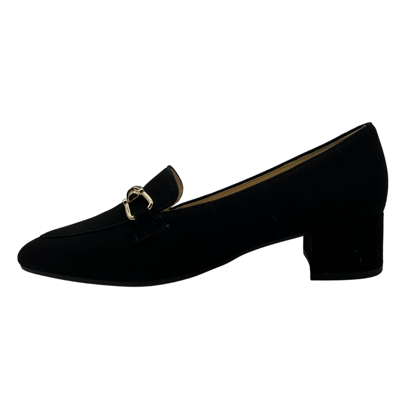 Left facing view of black suede heeled shoe with gold and black detail on upper. Pointed toe and wrapped heel.