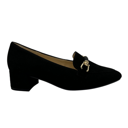 Right facing view of black suede heeled shoe with gold and black detail on upper. Pointed toe and wrapped heel.