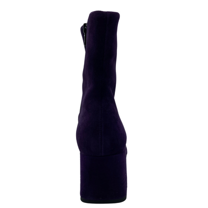 Back view of suede purple short boot with block heel and side zipper closure