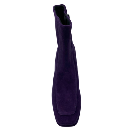 Top view of purple suede short boot with square toe and side zipper closure