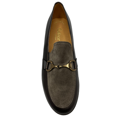 Top view of bronze leather loafers with suede panel on toe box. Gold bit detail on upper and tan leather lining