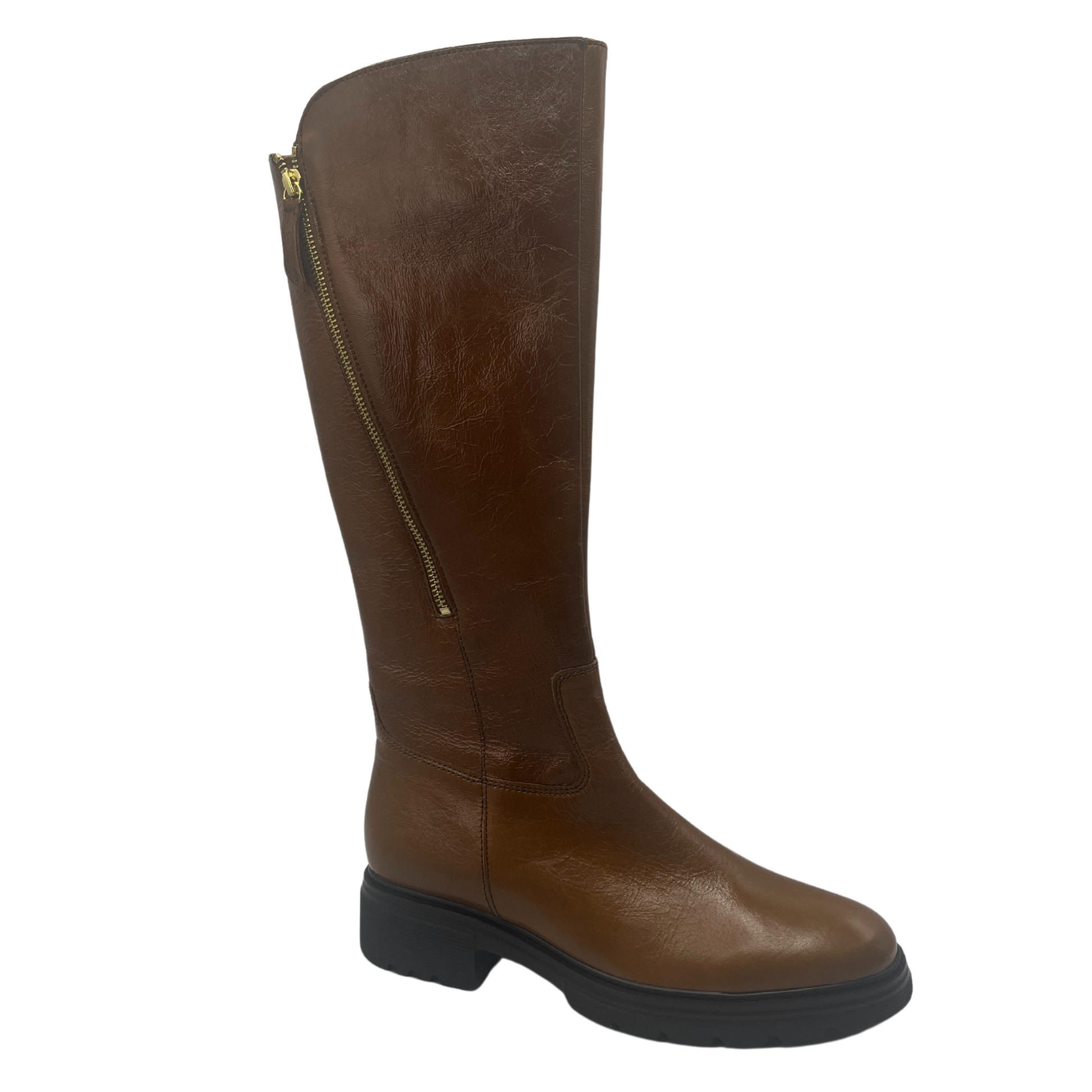 45 degree angled view of brown leather riding boot with angled side zipper closure and black rubber outsole