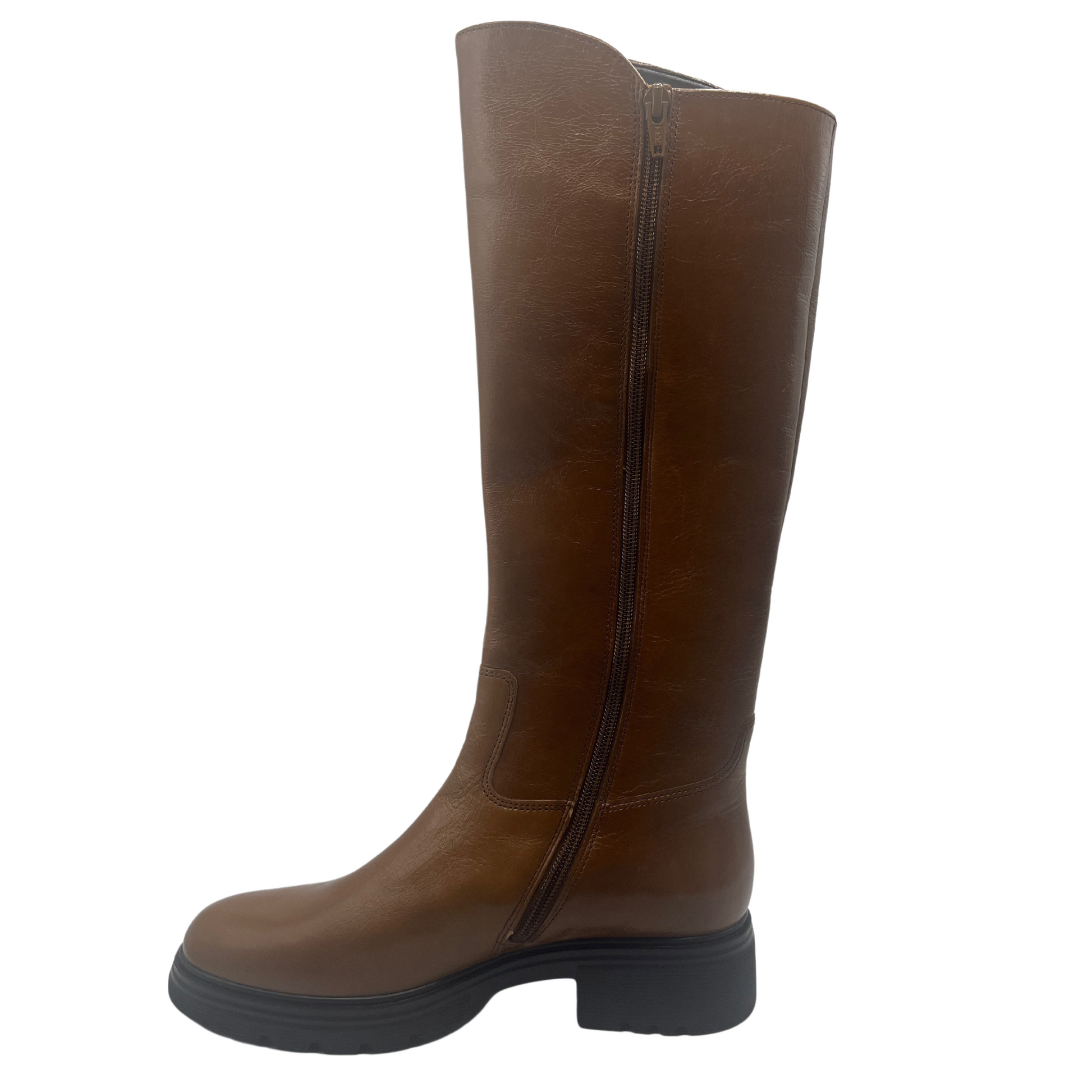 Left facing view of brown leather riding boot with double zipper closure