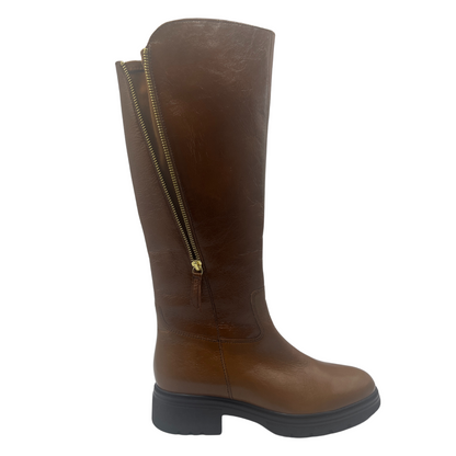 Right facing view of brown leather riding boot with black rubber outsole and block heel