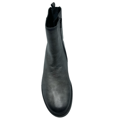 Top view of grey leather short boot with side and back zipper closure