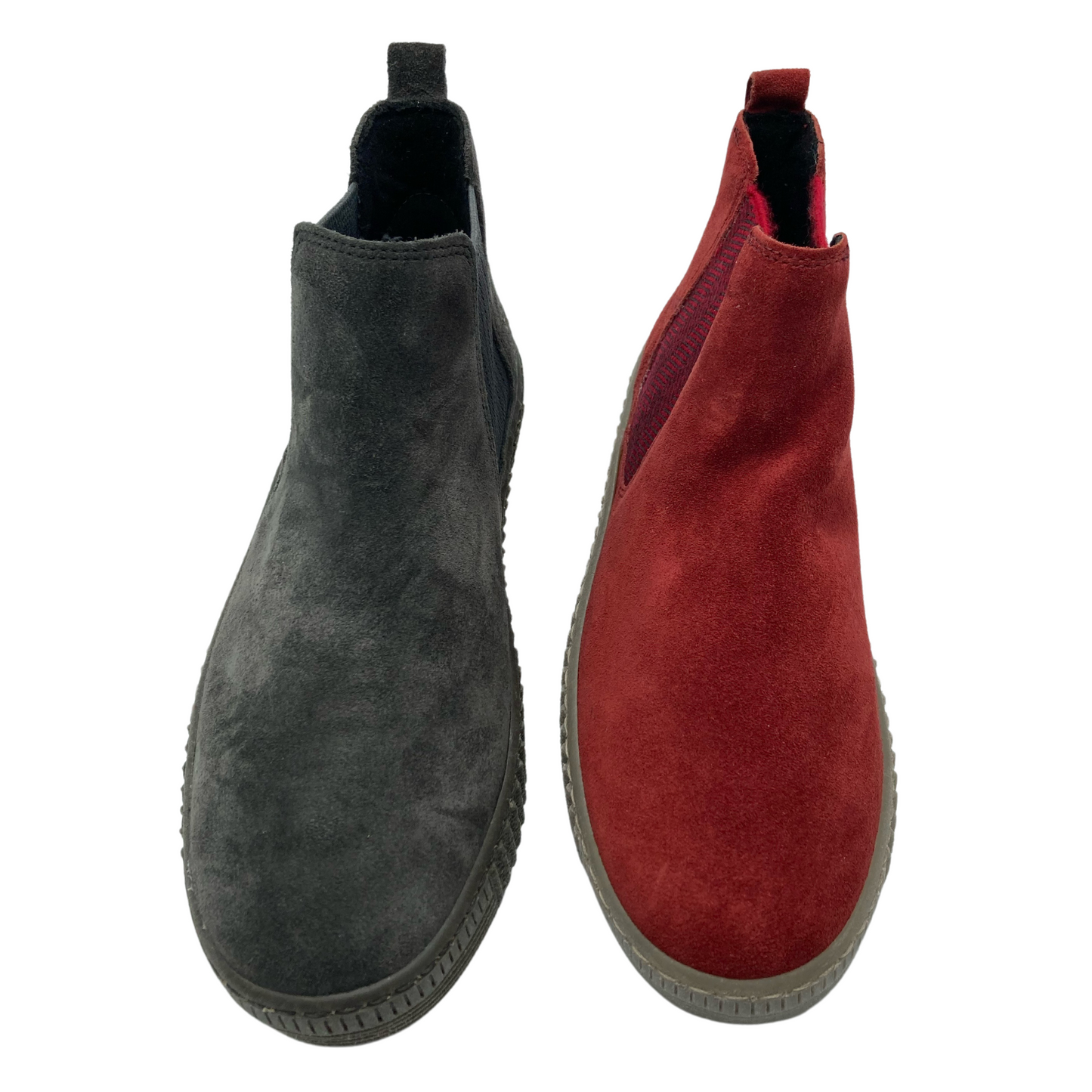 View of one grey bootie and one red bootie side by side both with rounded toe and elastic side gores