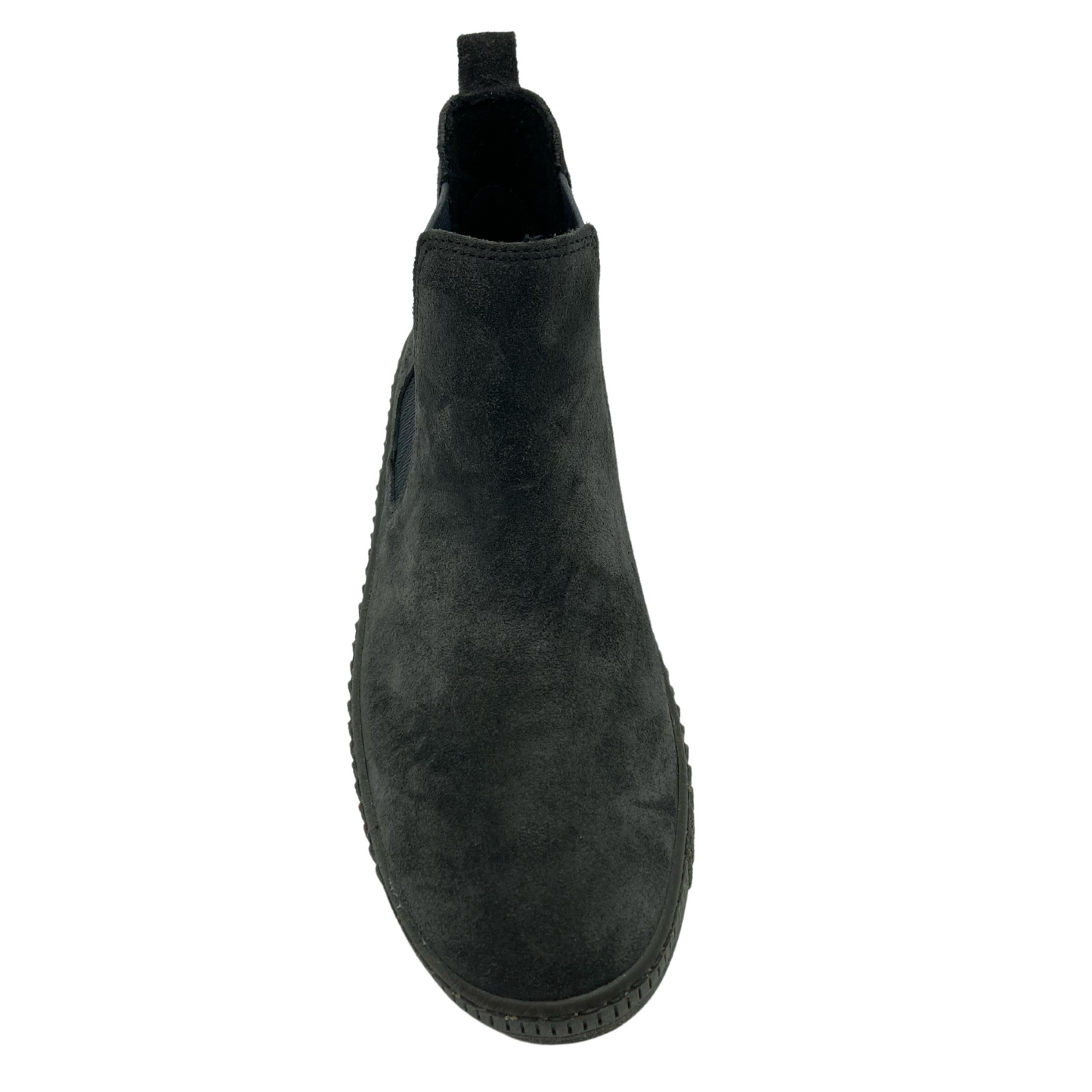 Top view of rounded toe, grey suede bootie with grey rubber sole