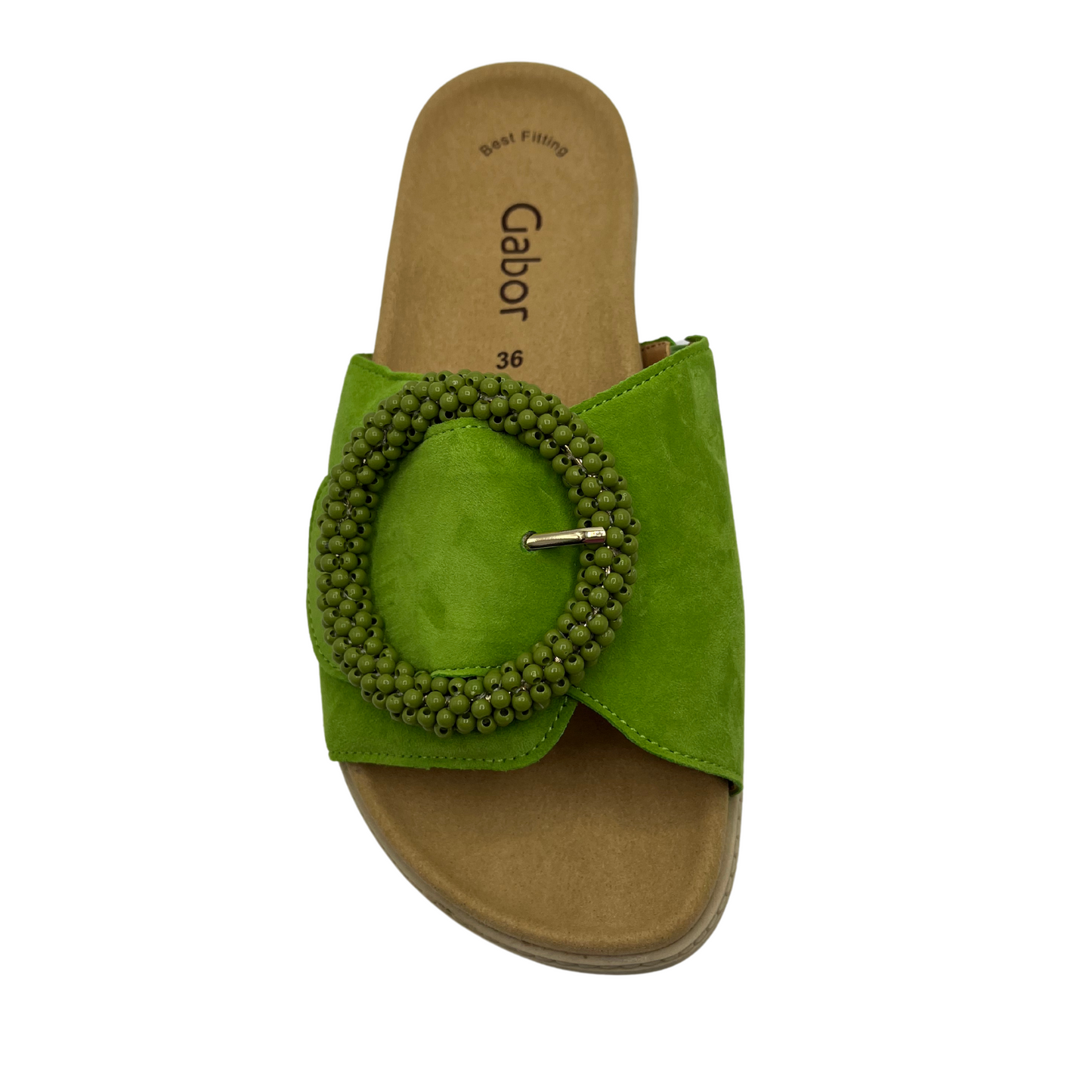 Top view of Lime green suede slide with large buckle detail and anatomical footbed