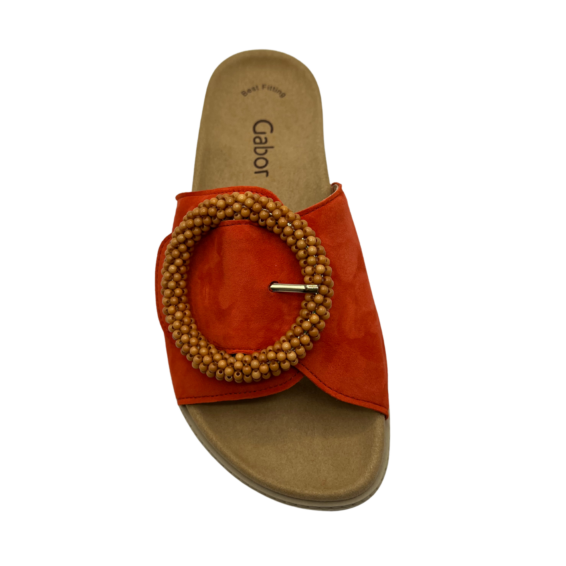 Top view of orange suede slide with large buckle detail and anatomical footbed