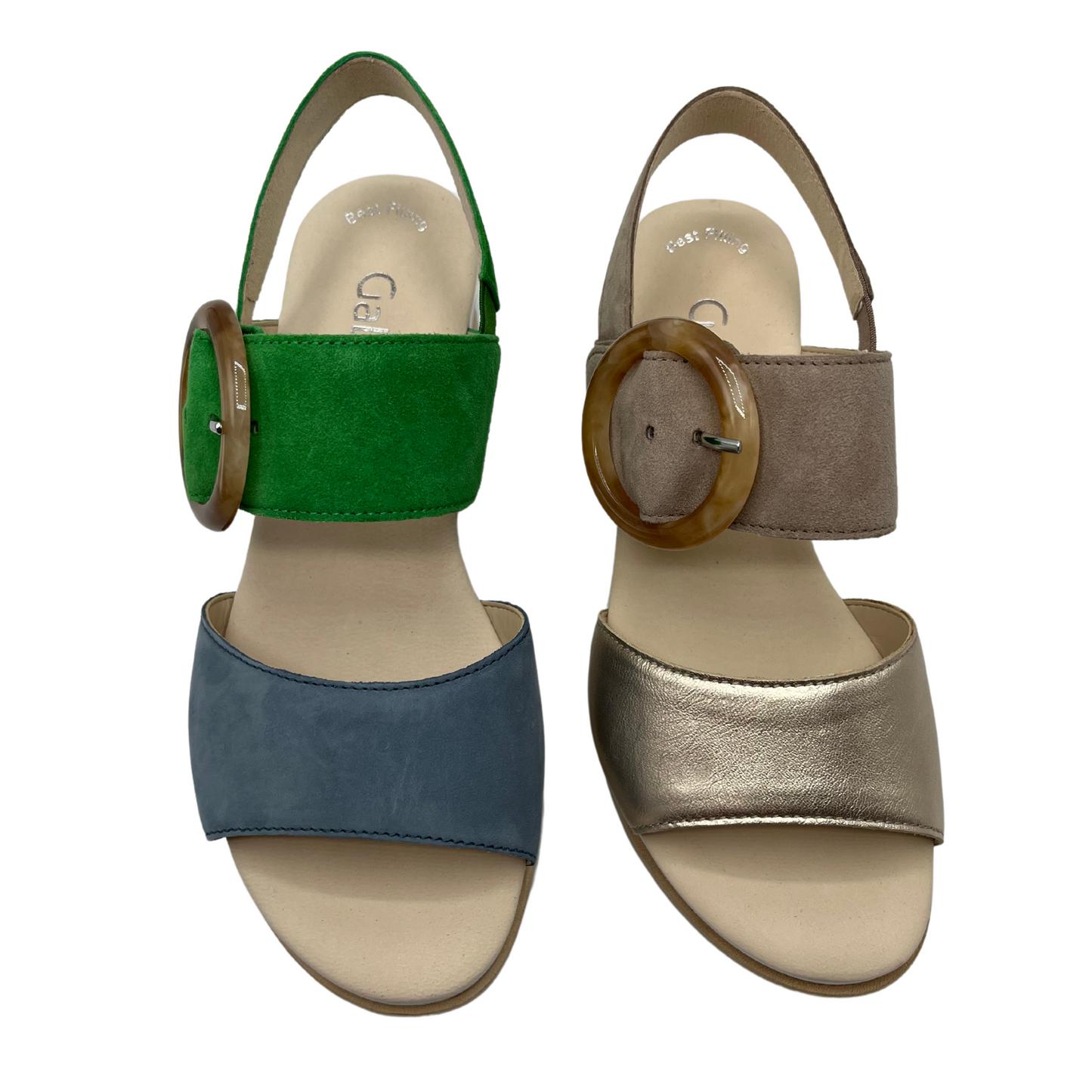 Top view of two open toed sandals side by side. One is blue and green and one is gold and taupe