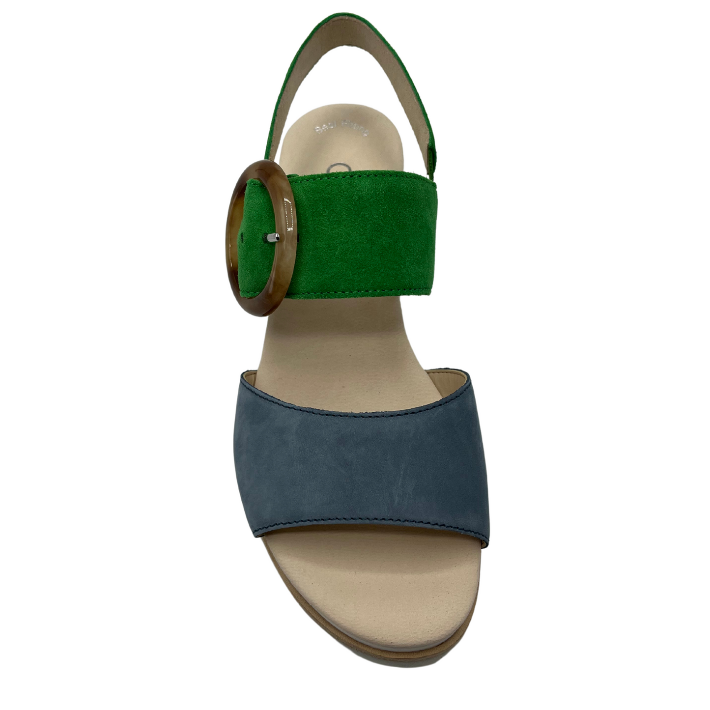 Top view of green and blue sandal with open toe and round buckle on top strap