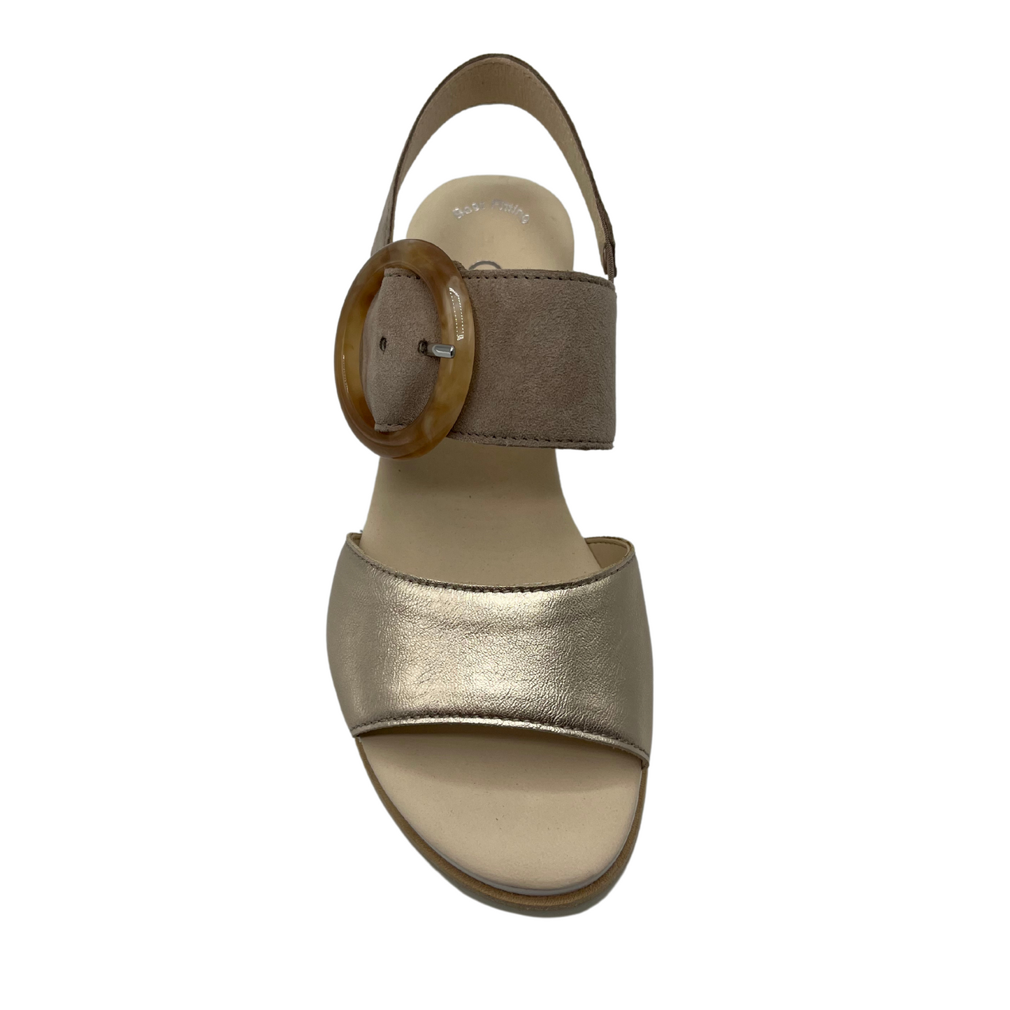 Top view of taupe suede and metallic leather sandal with open toe and sling back strap