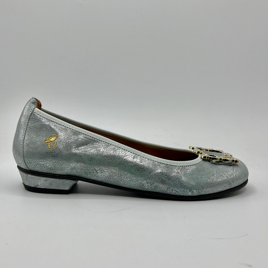 Right facing view of a blue pearl ballet flat with a short wrapped heel, cushioned insole and stretchy upper.