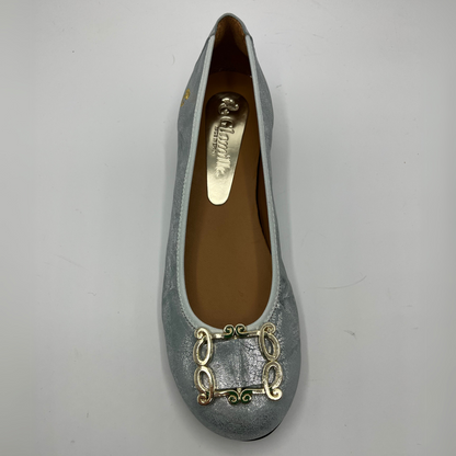 Top view of a blue pearl ballet flat with a short wrapped heel, cushioned insole and stretchy upper.
