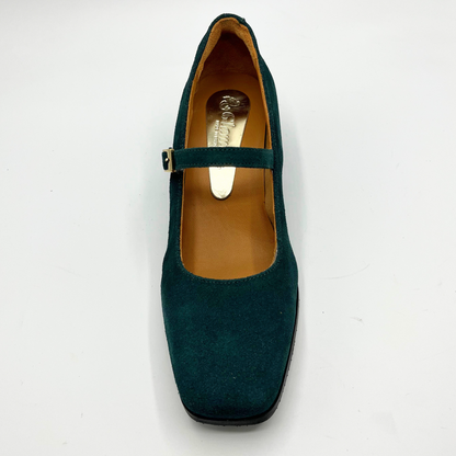 Top view of a deep green Maryjane heel shoe with a studded heel
