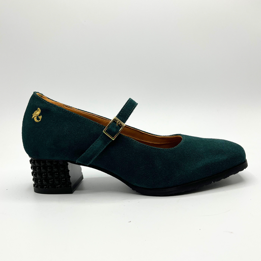 Deep green Maryjane heel shoe with a studded heel