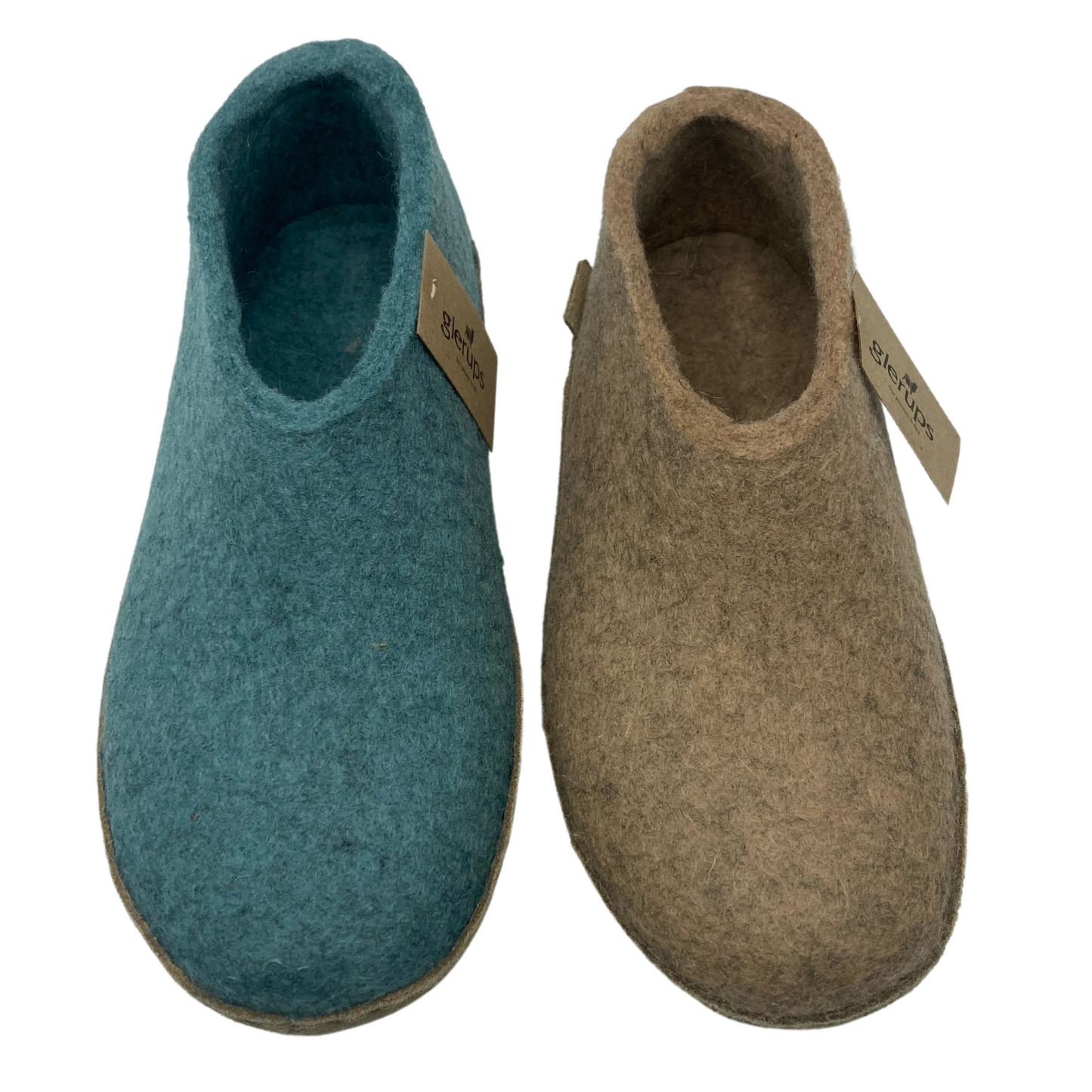 Top view of two felted wool shoes. One is teal blue and the other is beige