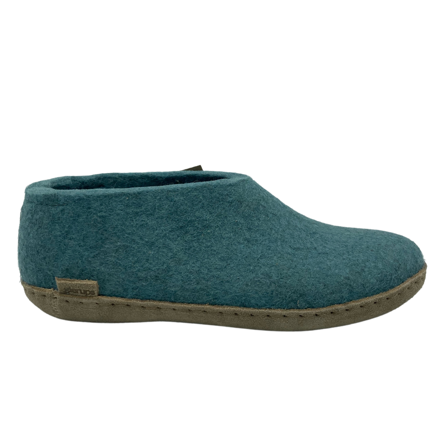 Right facing view of felted wool shoe with suede leather sole